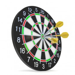 Dartboard with three orange darts on bullseye. Side view. 3D render illustration isolated on white background